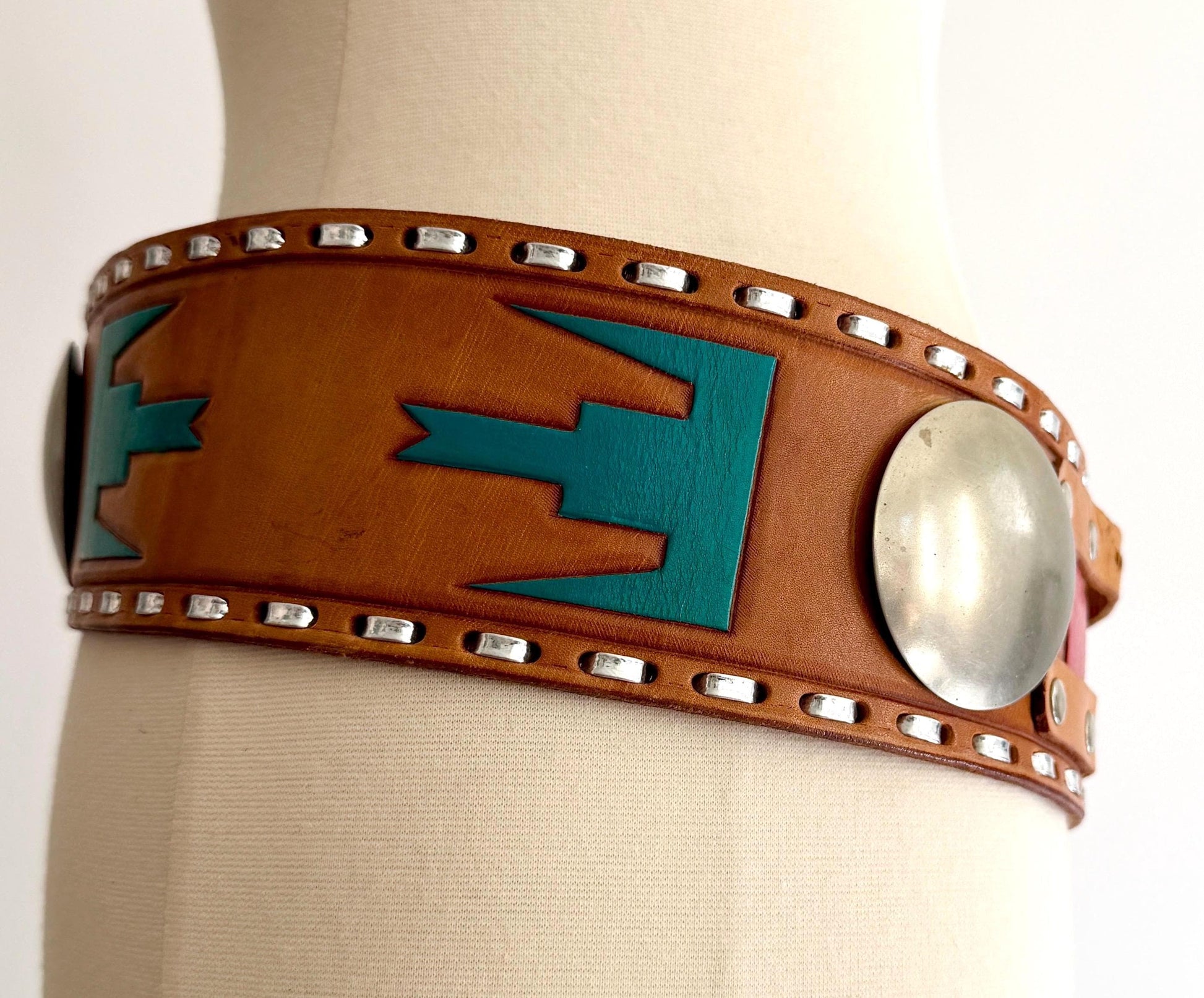 70s Hand Tooled Western Concho Belt Wide Tan Brown Leather Strap