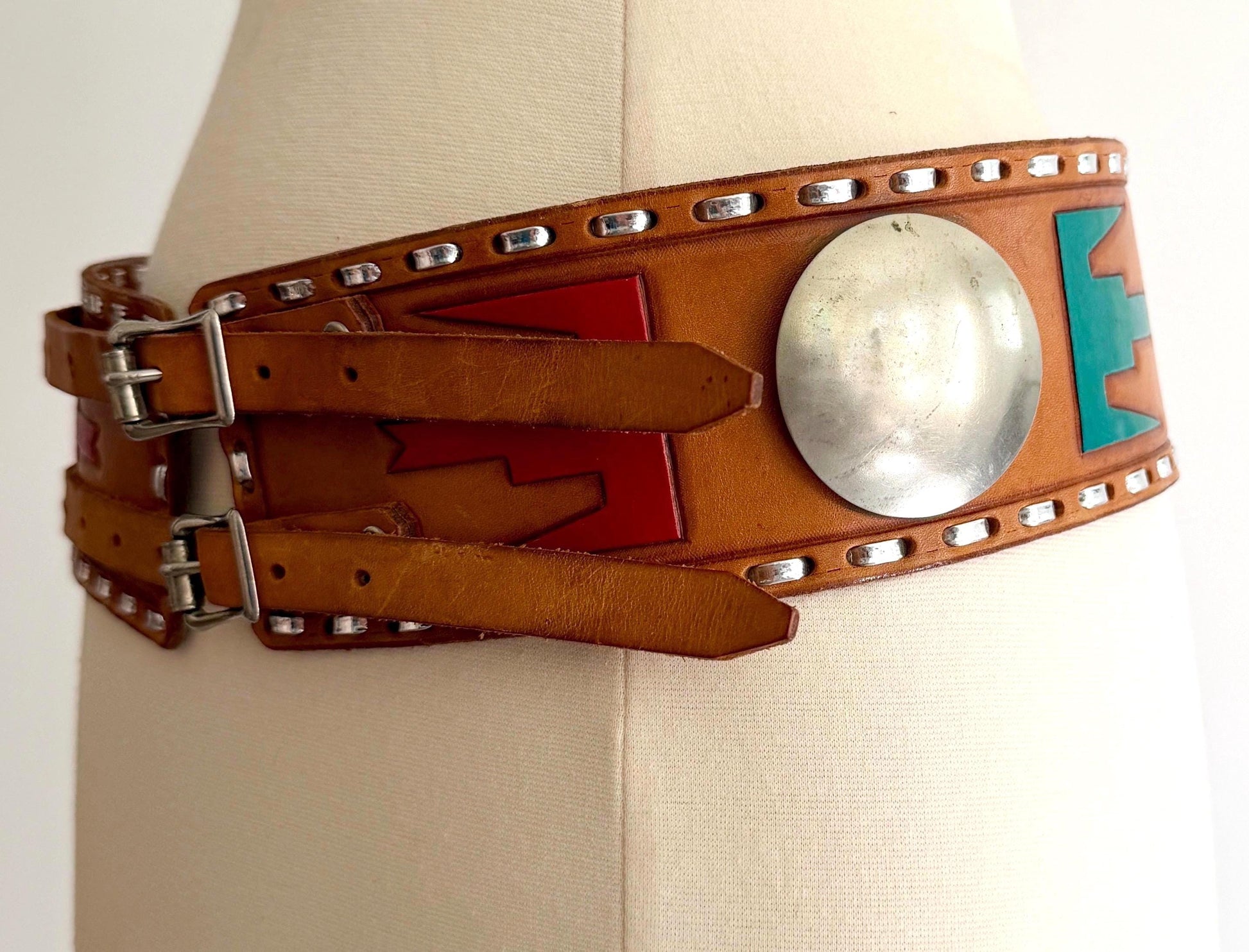 70s Hand Tooled Western Concho Belt Wide Tan Brown Leather Strap