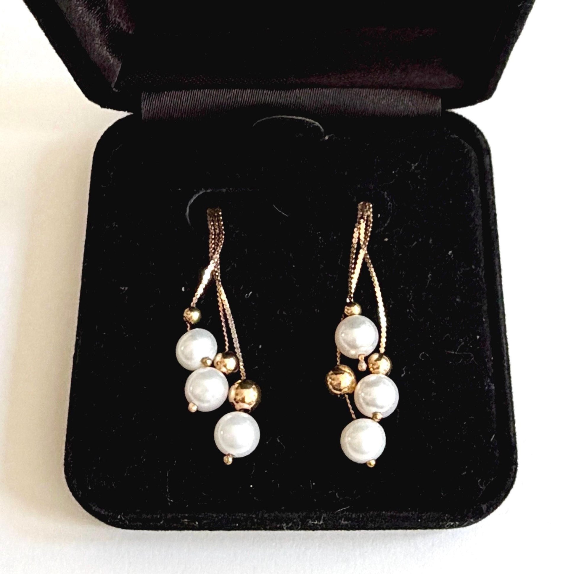 Solid 14K Gold Pearl Earrings 1" Drop Dangle Vintage Macys Belle de Mer