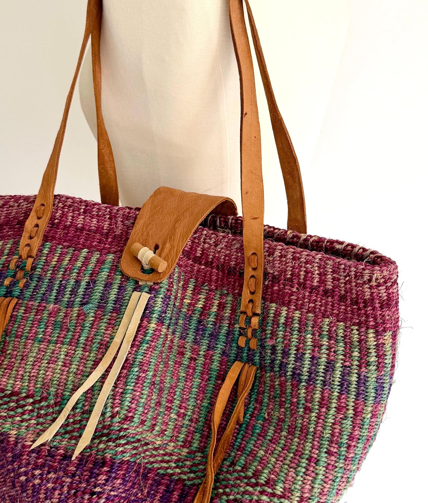 Vintage 90's Striped Sisal Market Bag with Leather Straps
