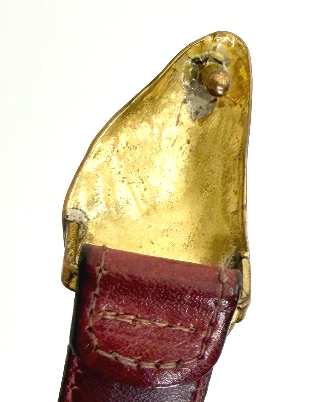 Vintage Minimalist Skinny Belt Brass Shell Buckle Oxblood Leather Strap