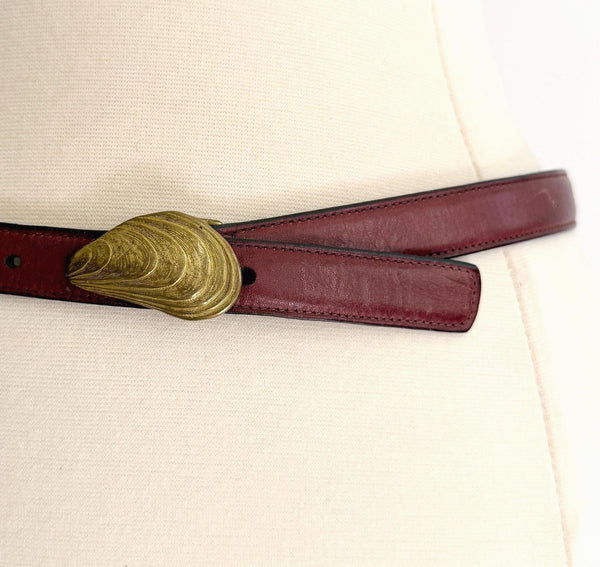 Vintage Minimalist Skinny Belt Brass Shell Buckle Oxblood Leather Strap