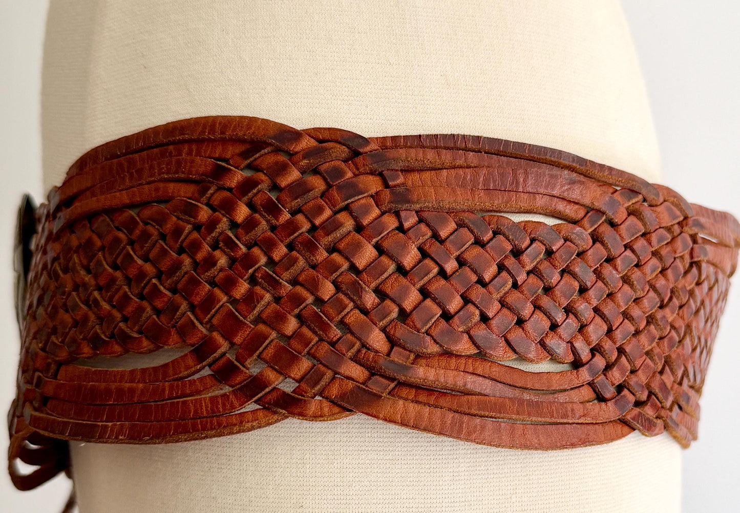 Vintage Moroccan Disc Belt Wide Woven Brown Leather Strap Boho Western