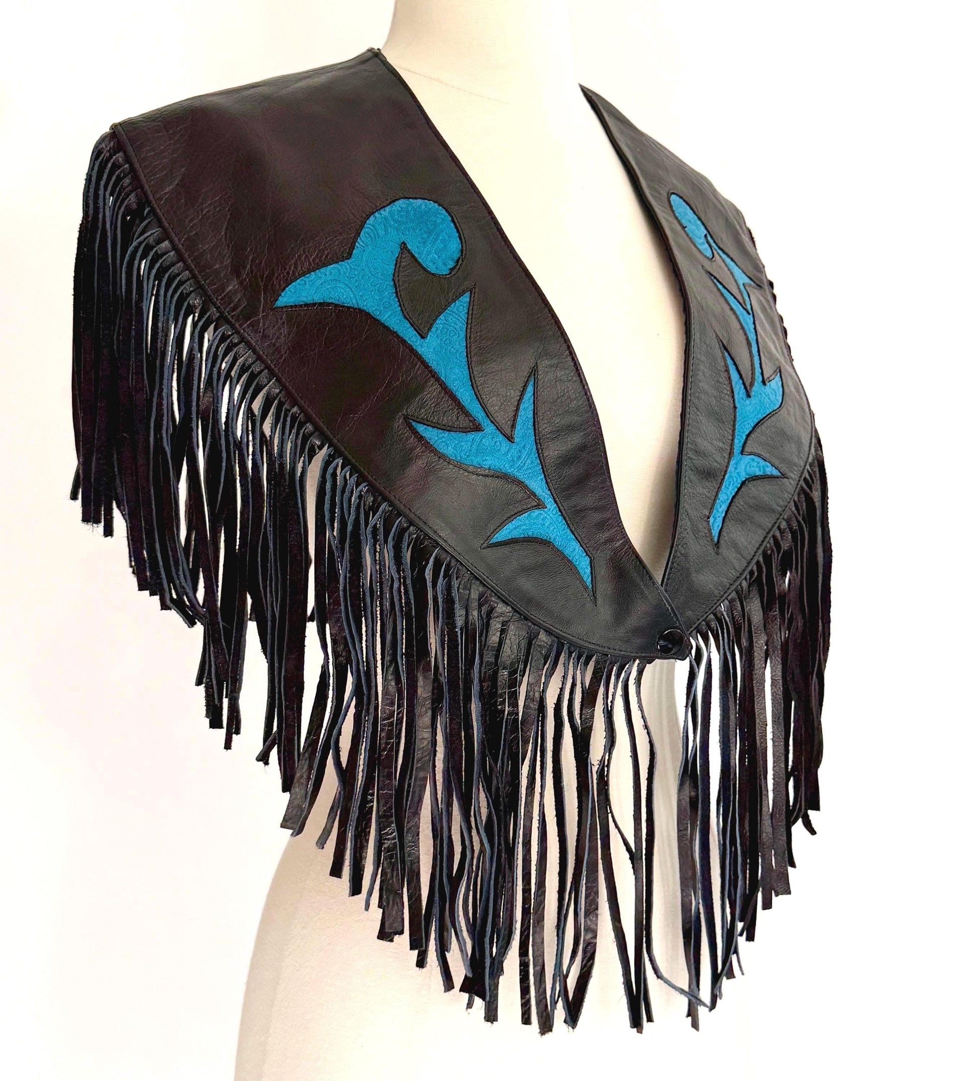Vintage Western Fringe Capelet Poncho Inlaid Black Leather