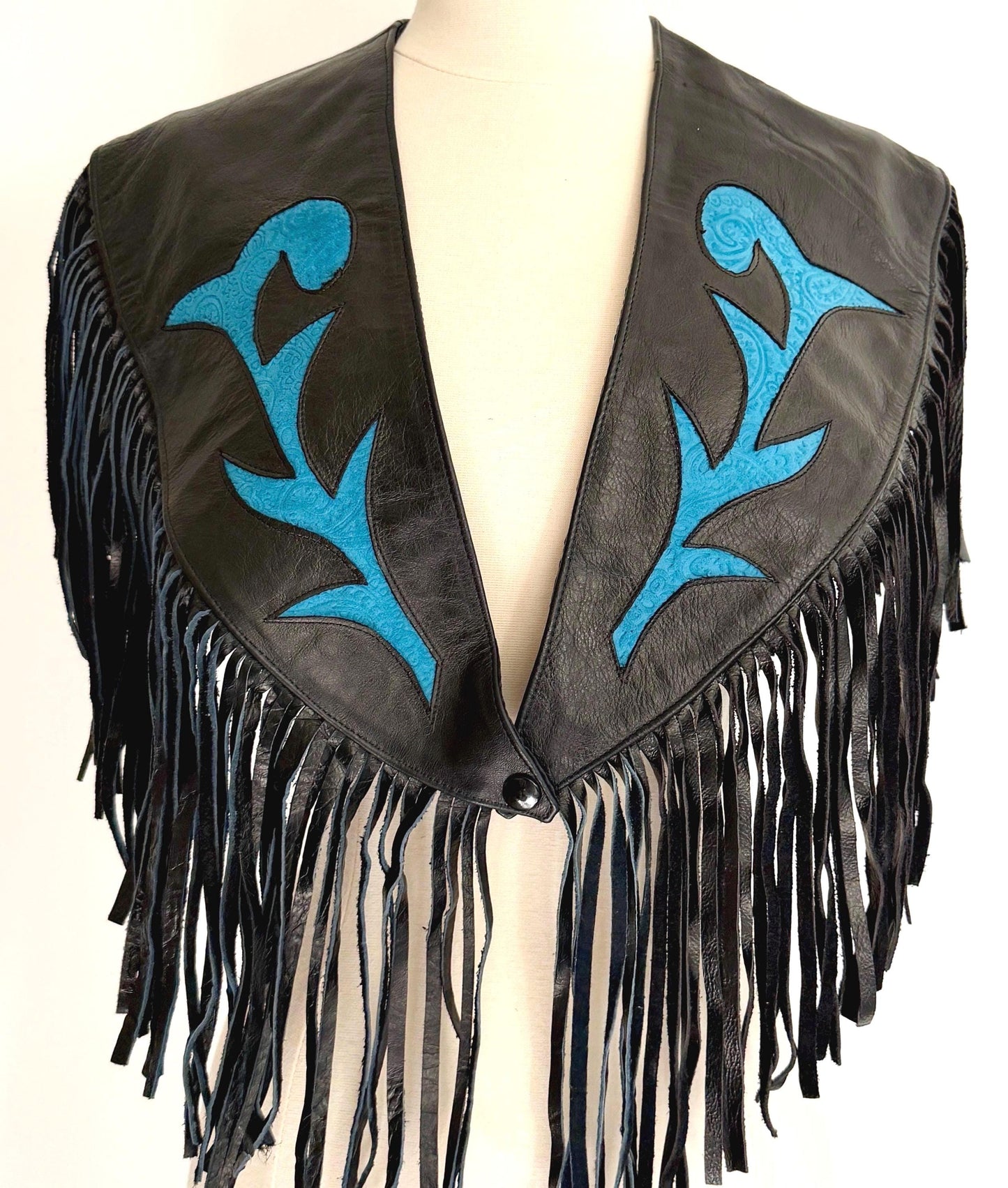Vintage Western Fringe Capelet Poncho Inlaid Black Leather