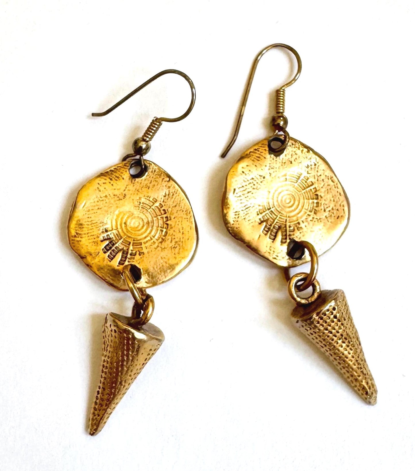 Vintage Matte Gold Tone Celestial Stamp Drop Earrings 2-3/4"