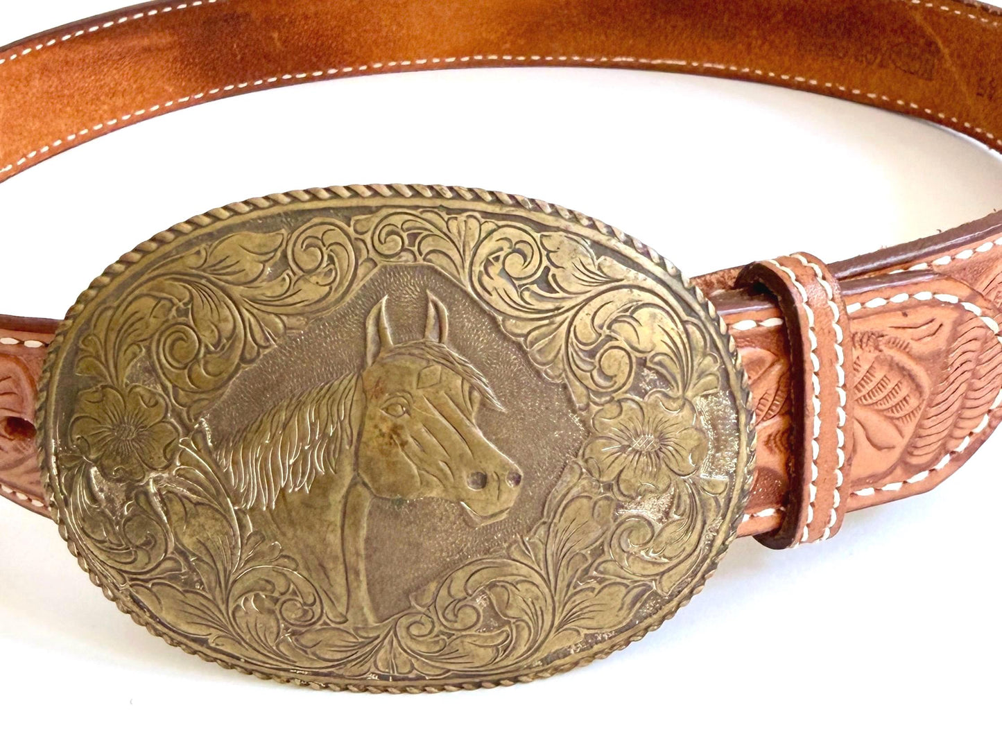 Vintage Western Crumrine Horse Buckle with Floral Tooled Leather Belt Strap