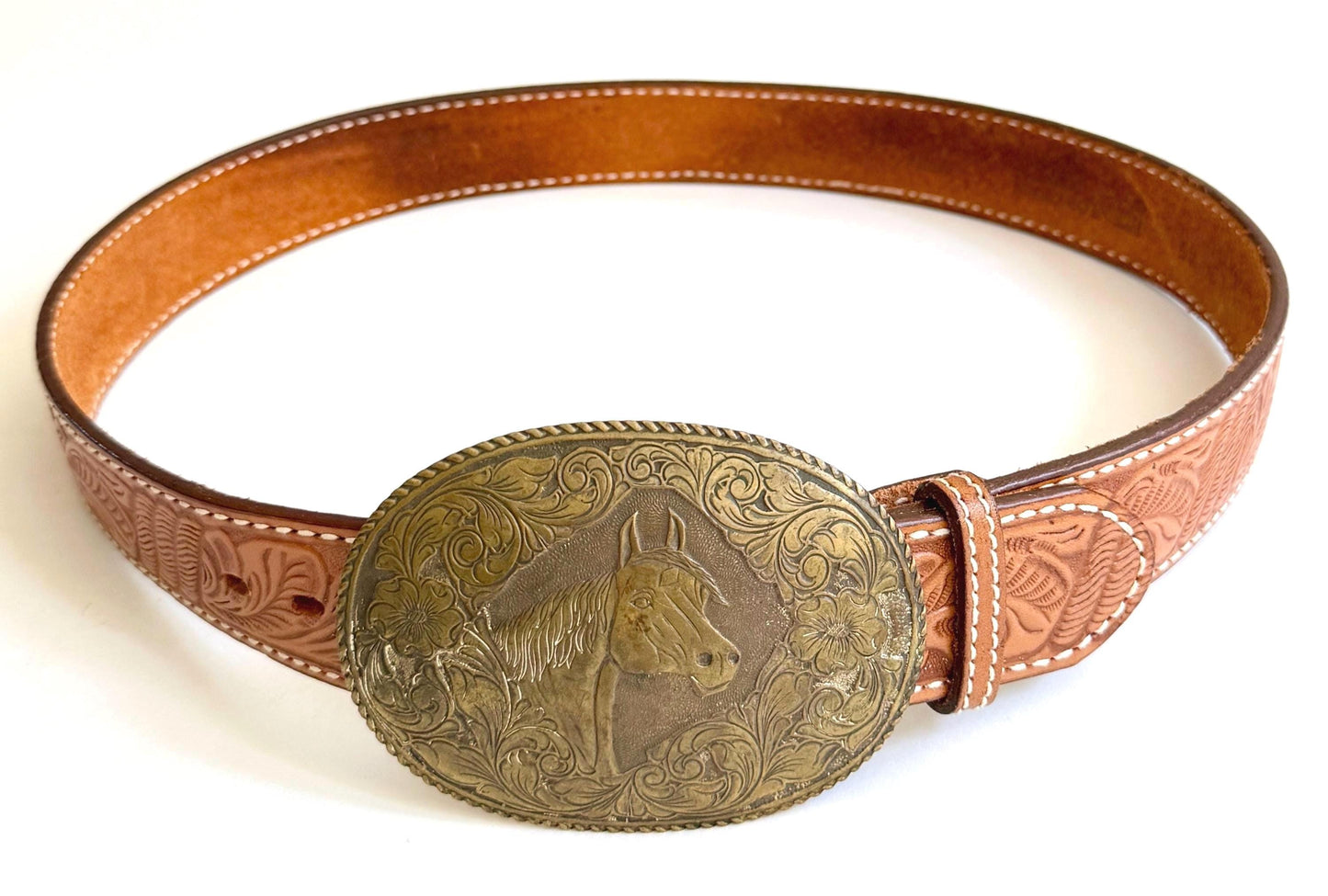 Vintage Western Crumrine Horse Buckle with Floral Tooled Leather Belt Strap