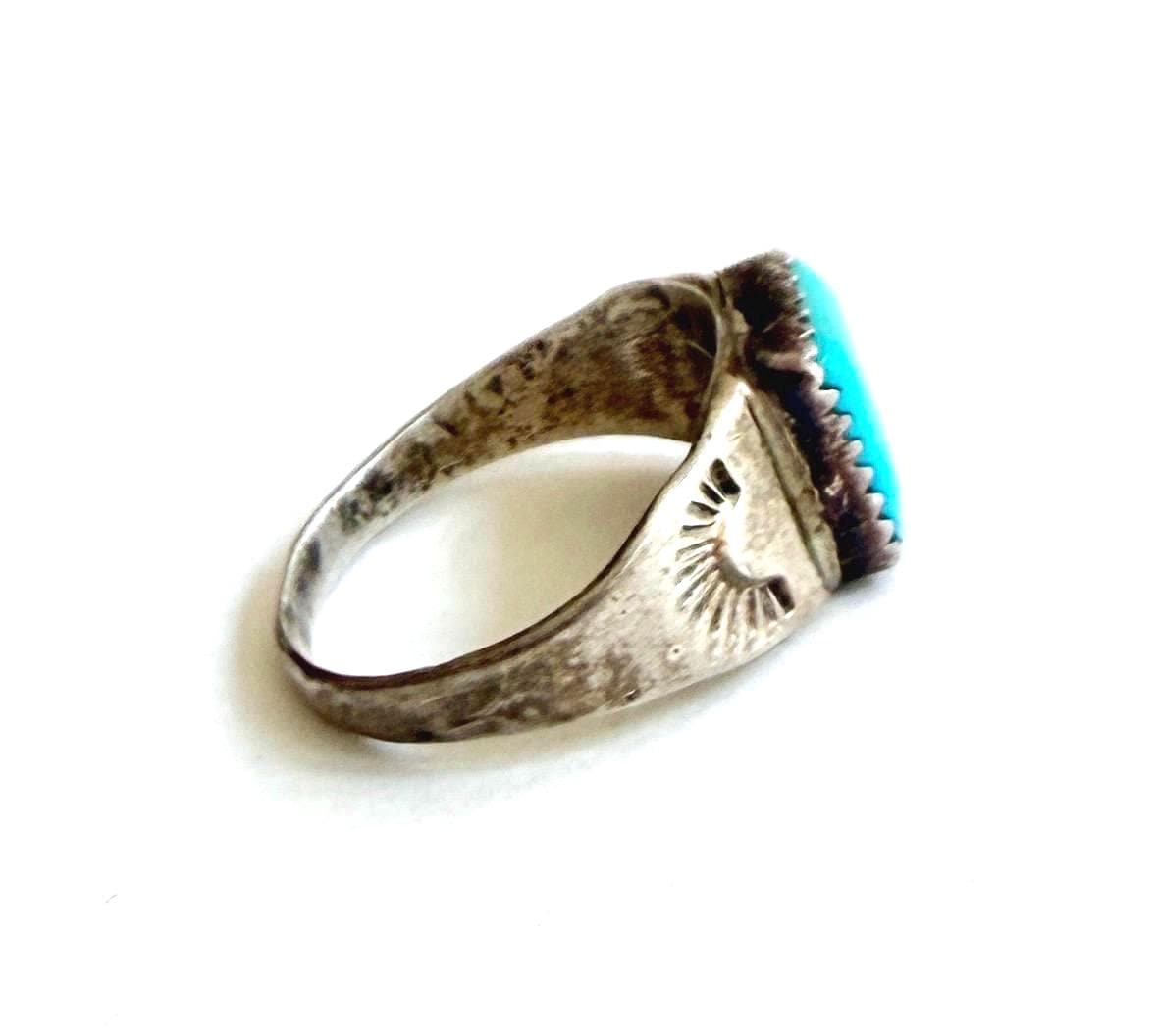 Vintage Navajo Turquoise Signet Ring Trading Post Era Sterling Silver Band