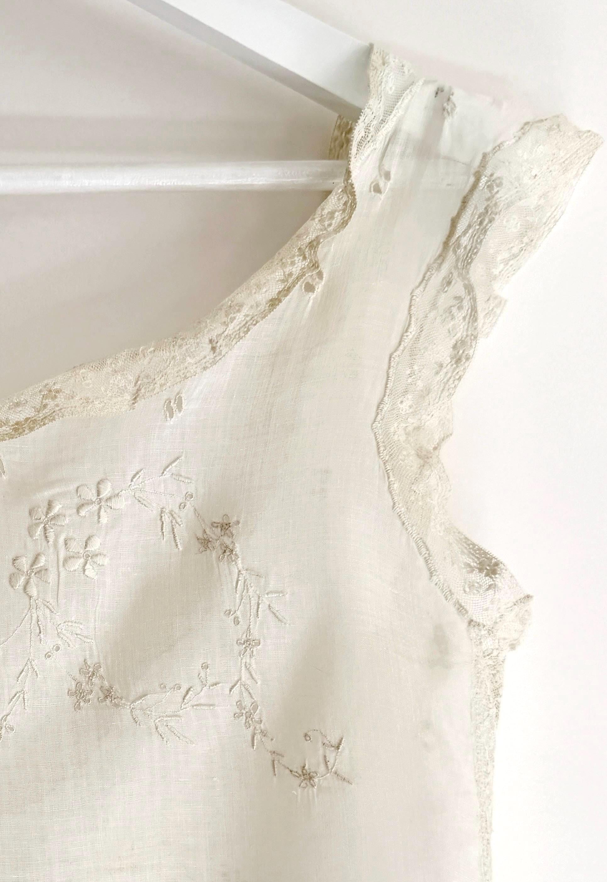 French Antique Chemise Embroidered White Cotton Chemisette Historical Edwardian Victorian Undergarments