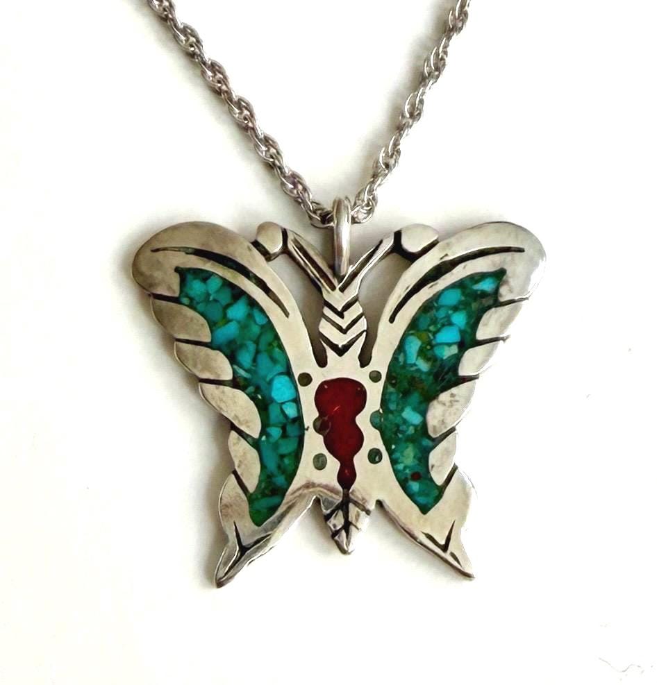Zuni Turquoise Butterfly Pendant Necklace Signed Native American Sterling Silver