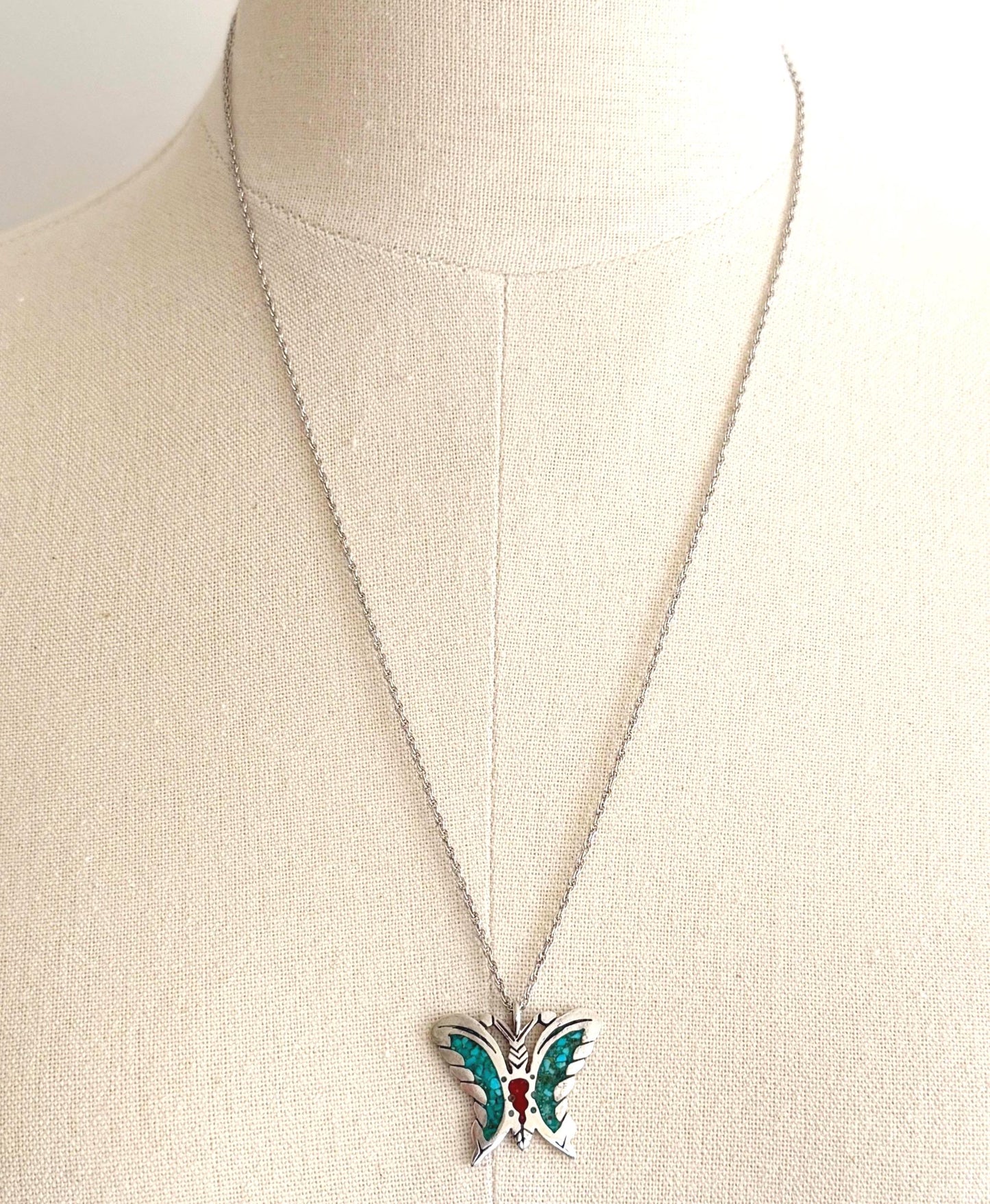 Zuni Turquoise Butterfly Pendant Necklace Signed Native American Sterling Silver