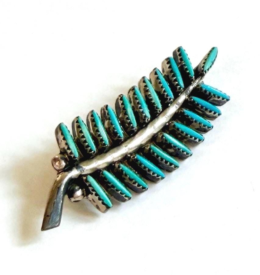 Vintage Zuni Turquoise Pin Pendant Feather Leaf Shape