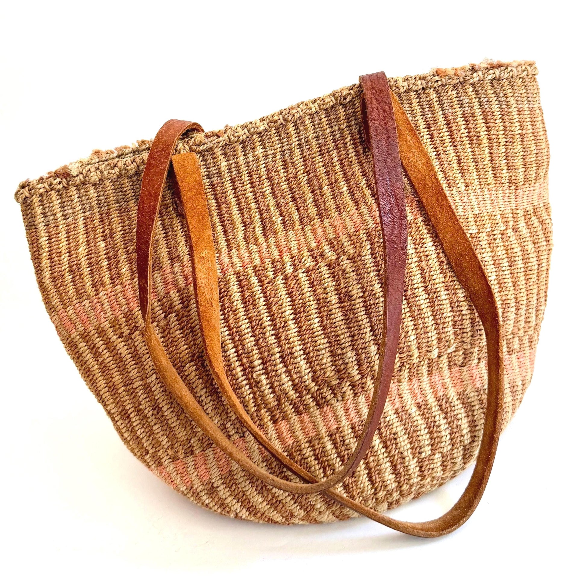 Vintage Woven Sisal Bag Neutral Market Tote Leather Straps