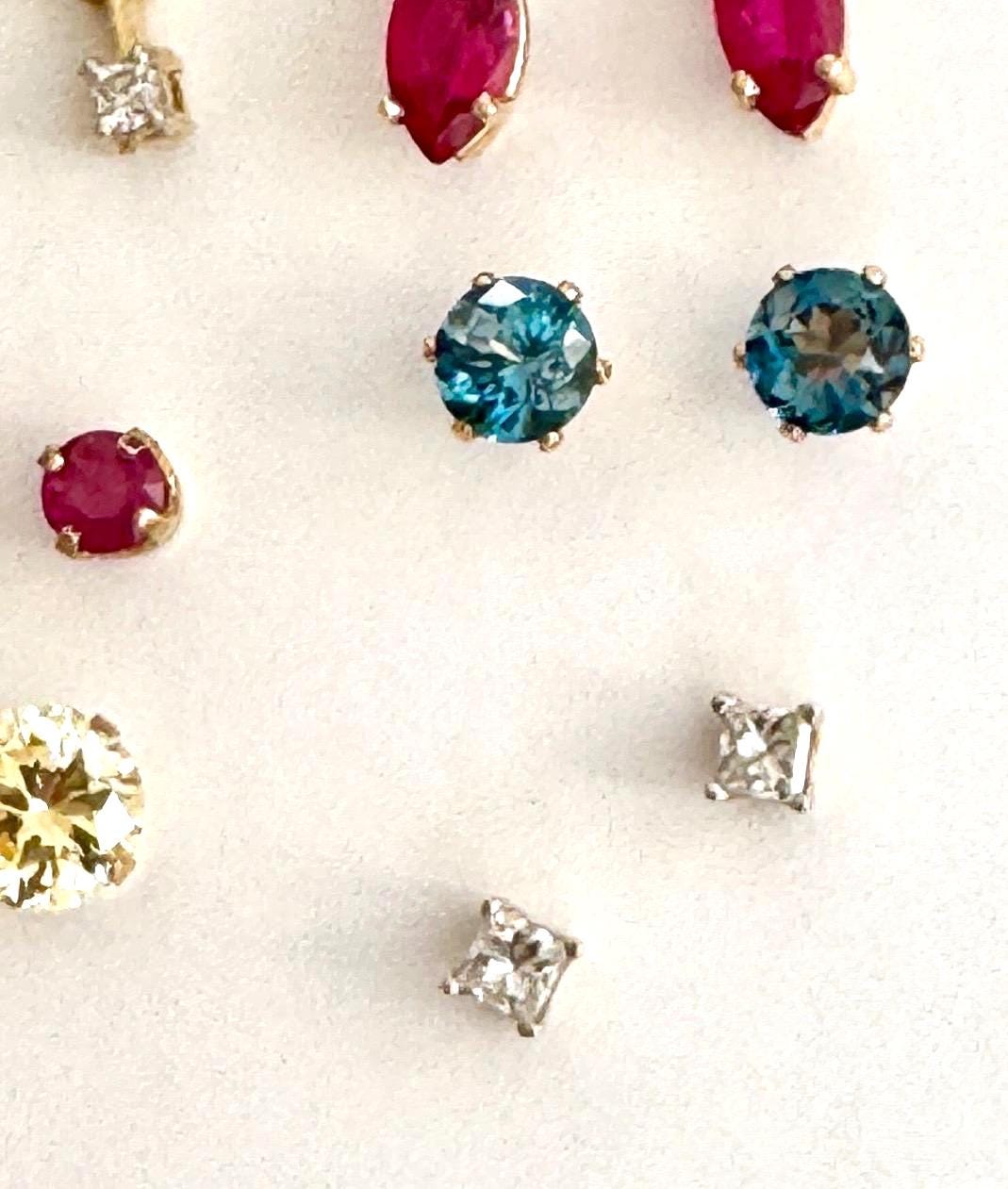 Vintage Solid Gold Stud Earrings Minimalist Ruby Pale Yellow Gemstone Studs