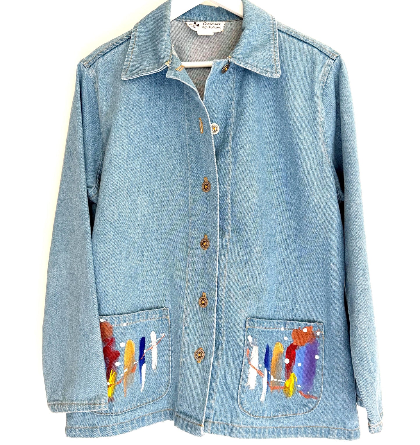 Vintage Denim Chore Jacket Southwest Hand Painted Abstract Feathers