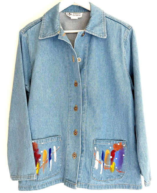 Vintage Denim Chore Jacket Southwest Hand Painted Abstract Feathers