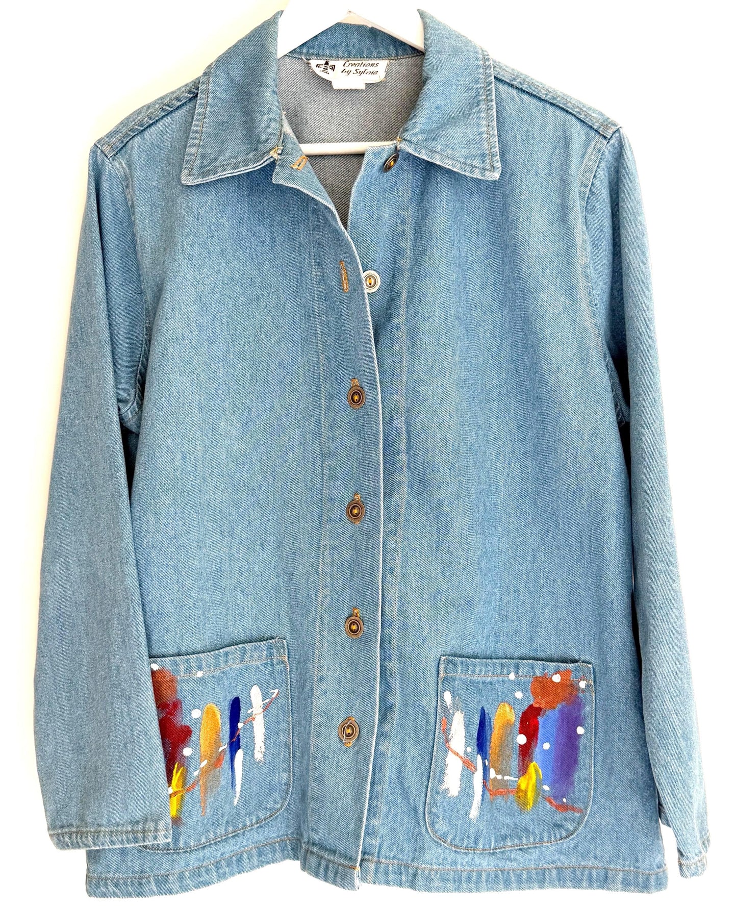 Vintage Denim Chore Jacket Southwest Hand Painted Abstract Feathers