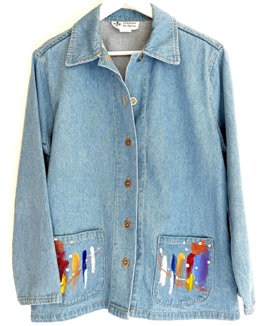 Vintage Denim Chore Jacket Southwest Hand Painted Abstract Feathers