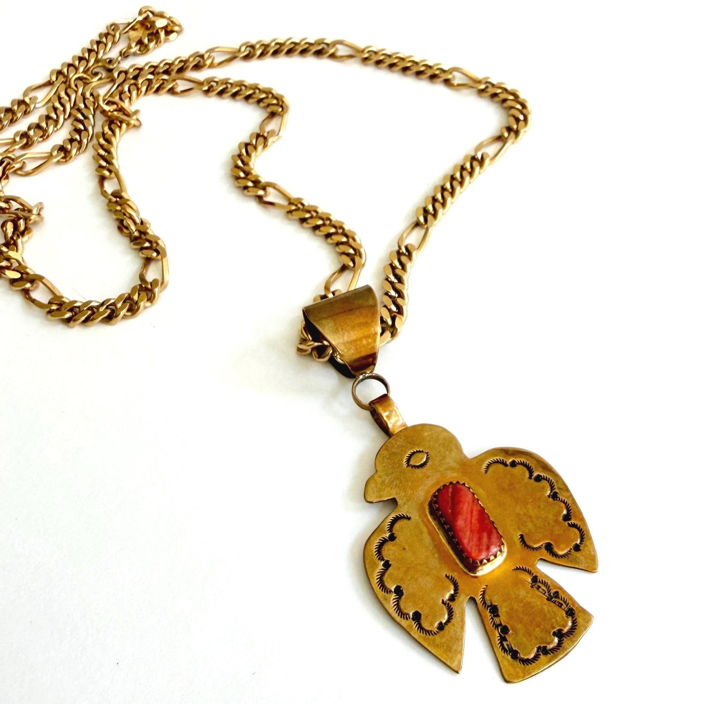 Vintage Navajo Thunderbird Necklace Signed Brass Pendant