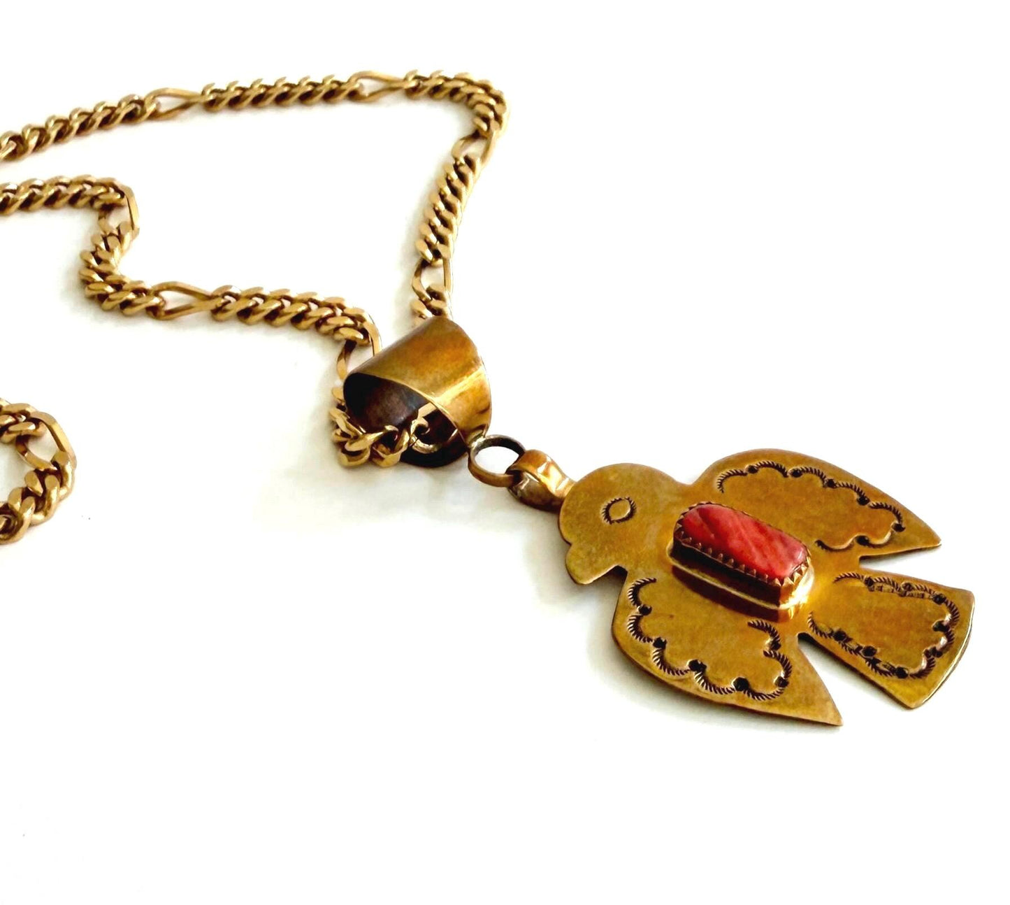 Vintage Navajo Thunderbird Necklace Signed Brass Pendant