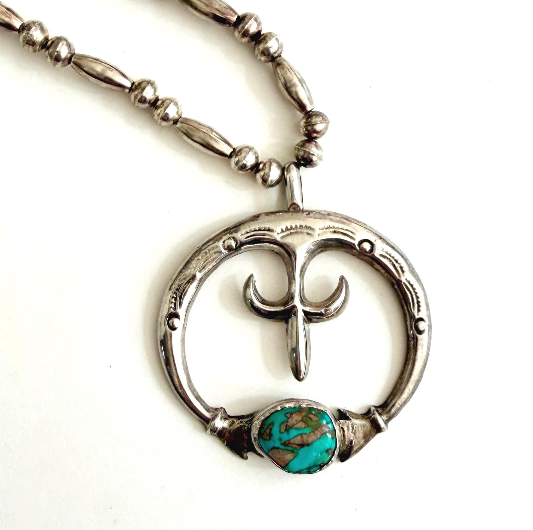 Vintage Navajo Turquoise Naja Pendant Necklace Cast Sterling Silver 25"
