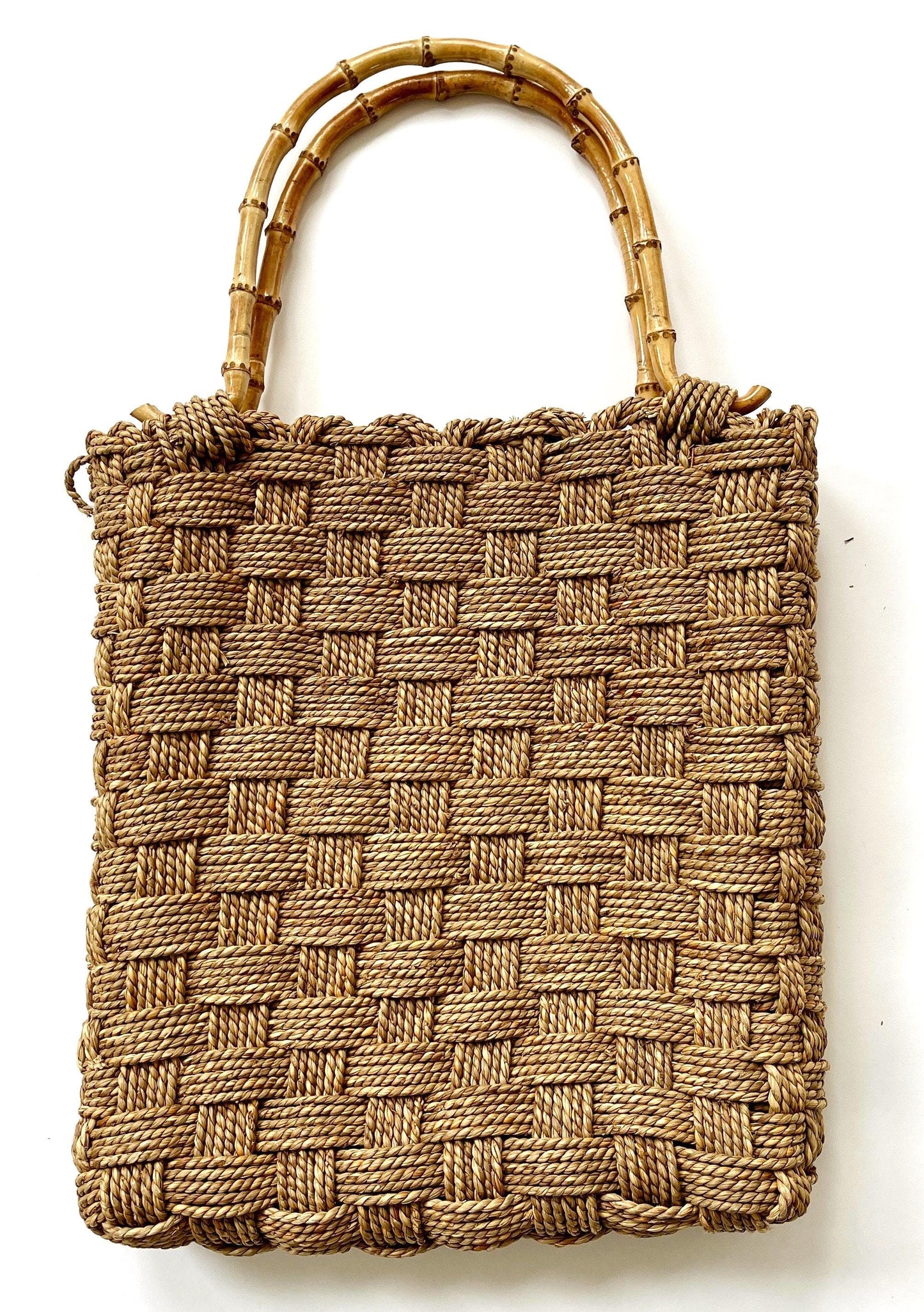 Vintage Bamboo Handle Bag Beige Basketweave Woven Sisal