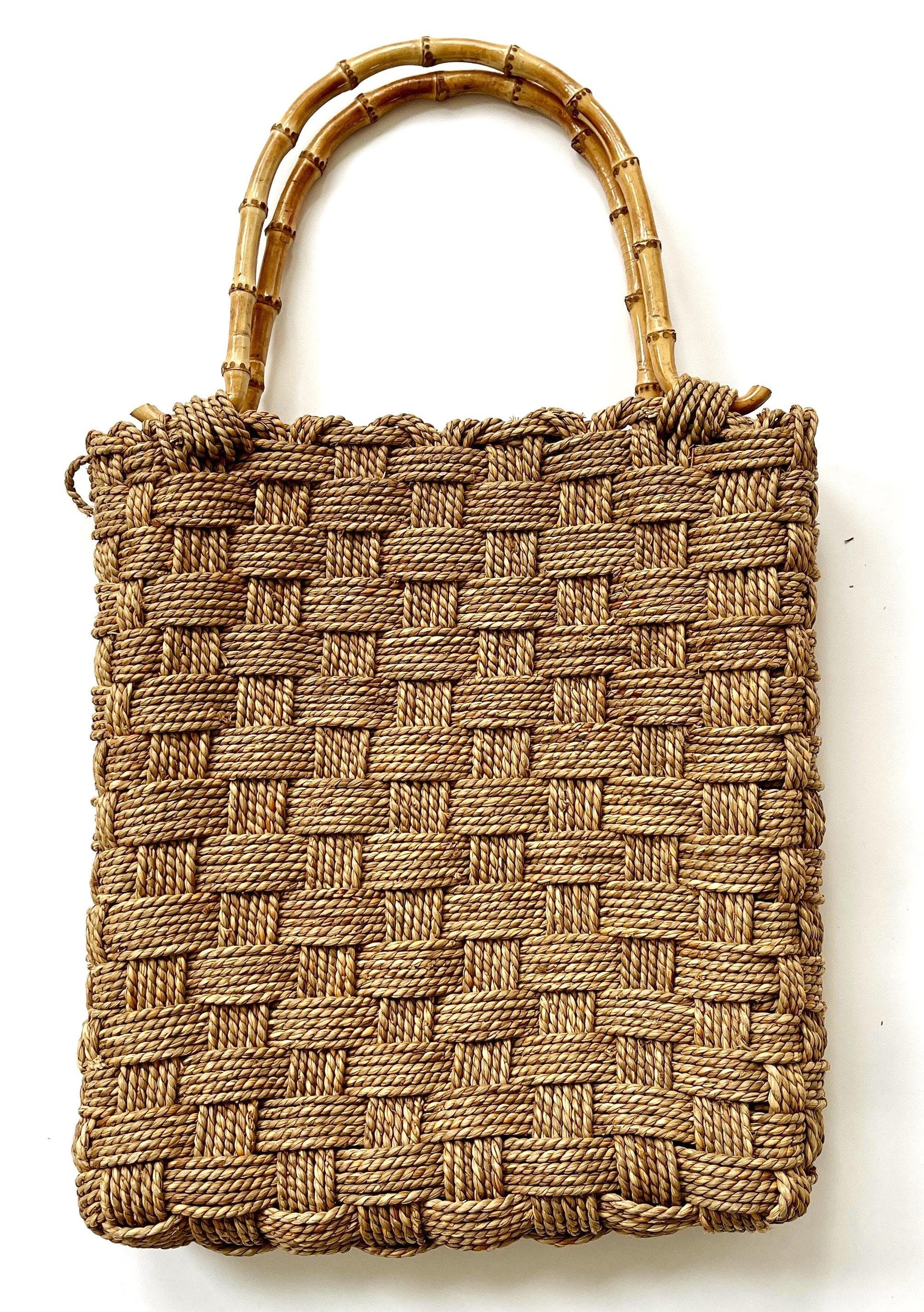 Vintage Bamboo Handle Bag Beige Basketweave Woven Sisal