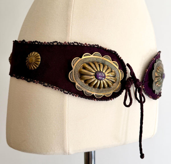 Vintage 80s Wide Handmade Western Concho Waist Belt Brass Tone Conchas