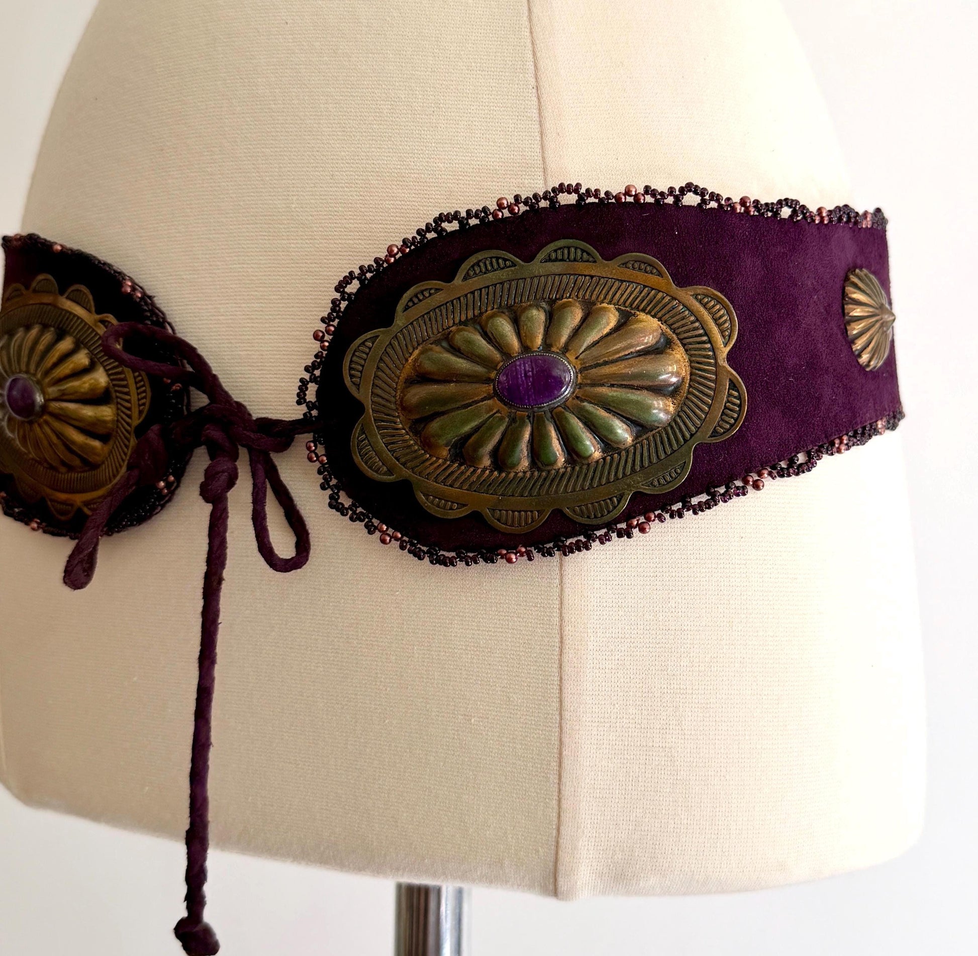 Vintage 80s Wide Handmade Western Concho Waist Belt Brass Tone Conchas