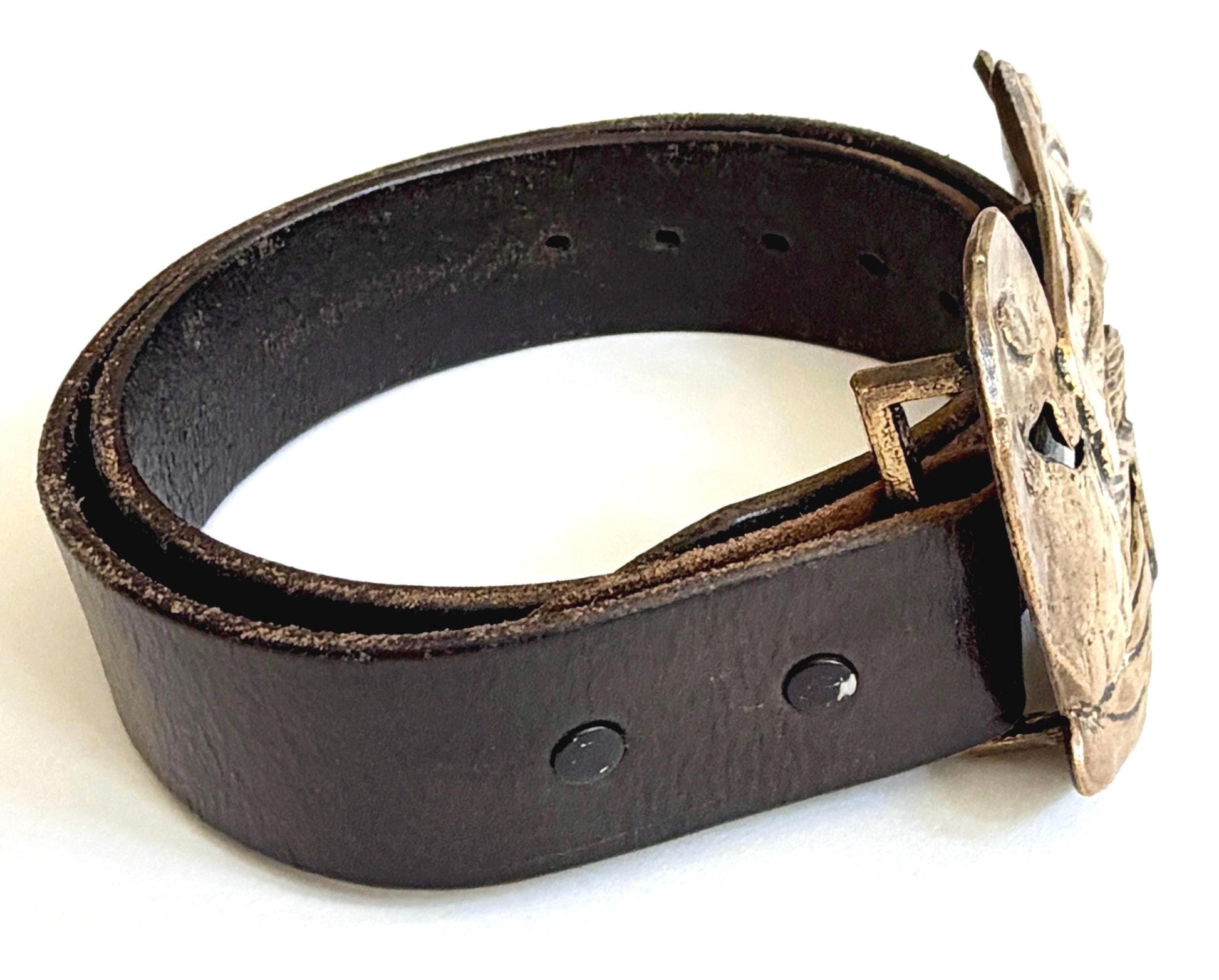 Vintage Bird Belt Heavy Cast Brass Buckle Black Leather Strap