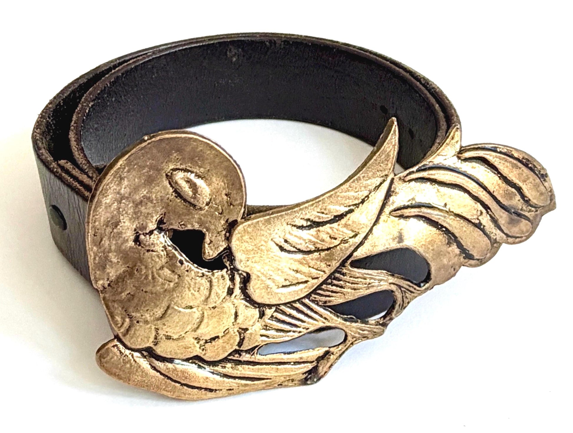 Vintage Bird Belt Heavy Cast Brass Buckle Black Leather Strap