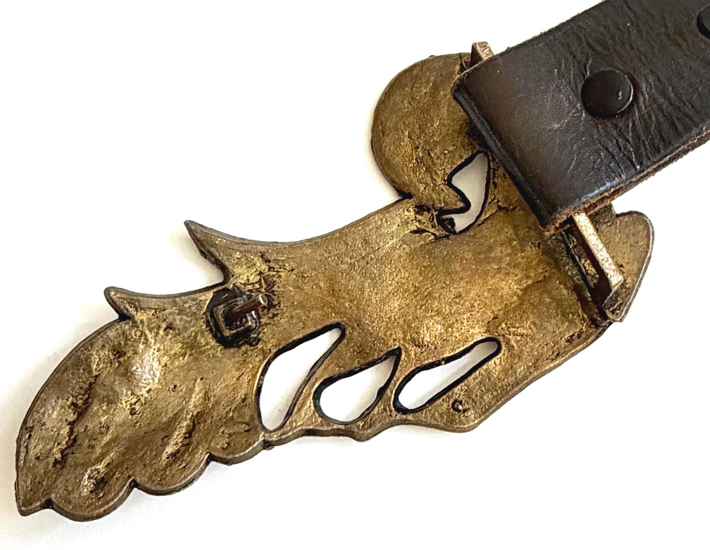 Vintage Bird Belt Heavy Cast Brass Buckle Black Leather Strap