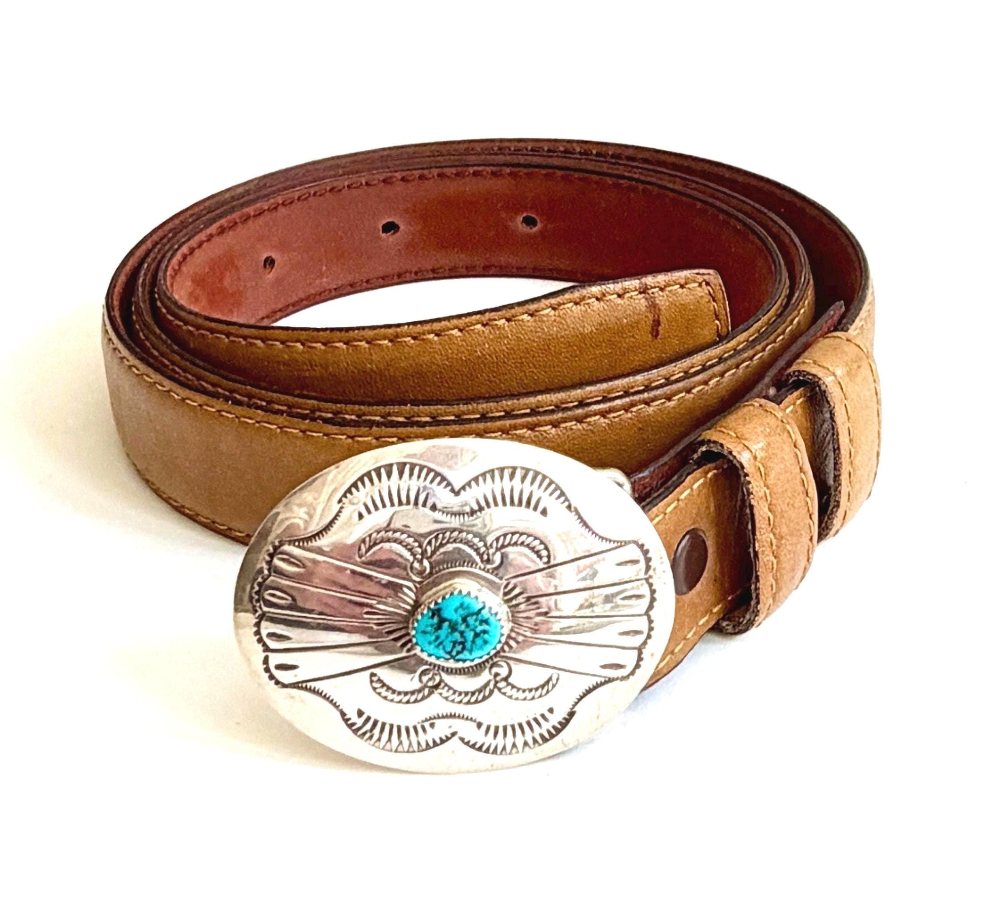 Vintage Sterling Silver Turquoise Buckle Tan Brown Leather Belt Strap