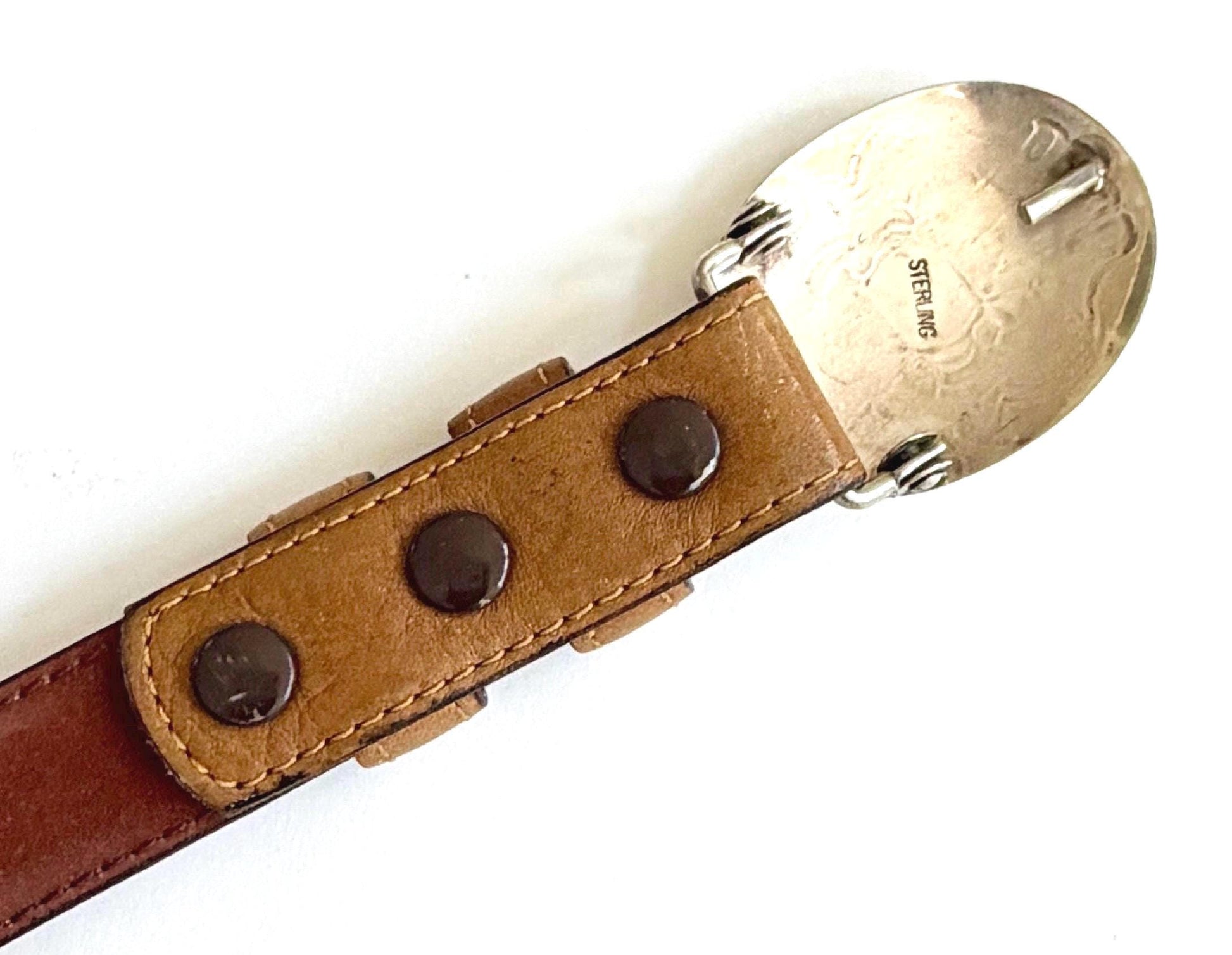 Vintage Sterling Silver Turquoise Buckle Tan Brown Leather Belt Strap