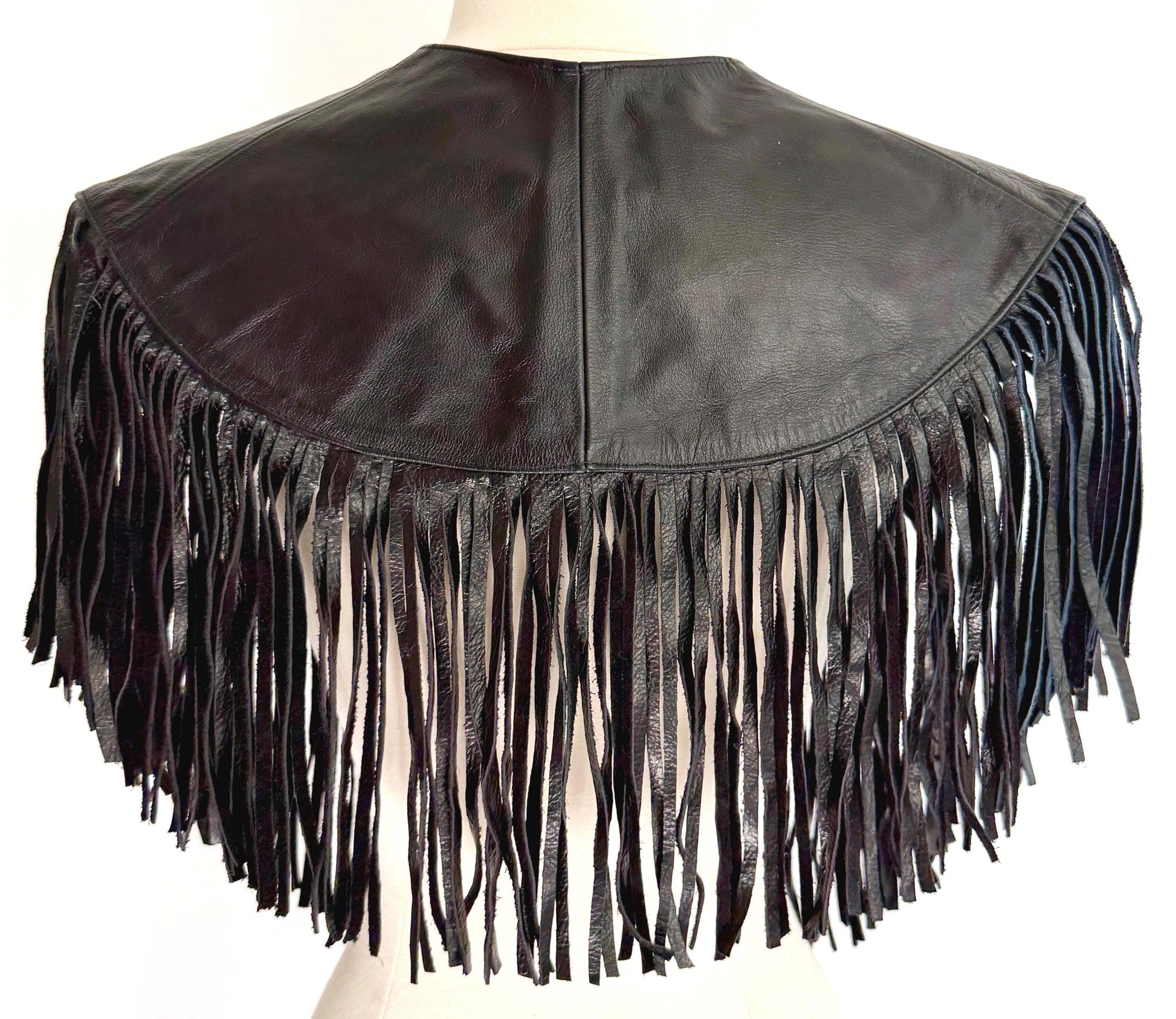 Vintage Western Fringe Capelet Poncho Inlaid Black Leather