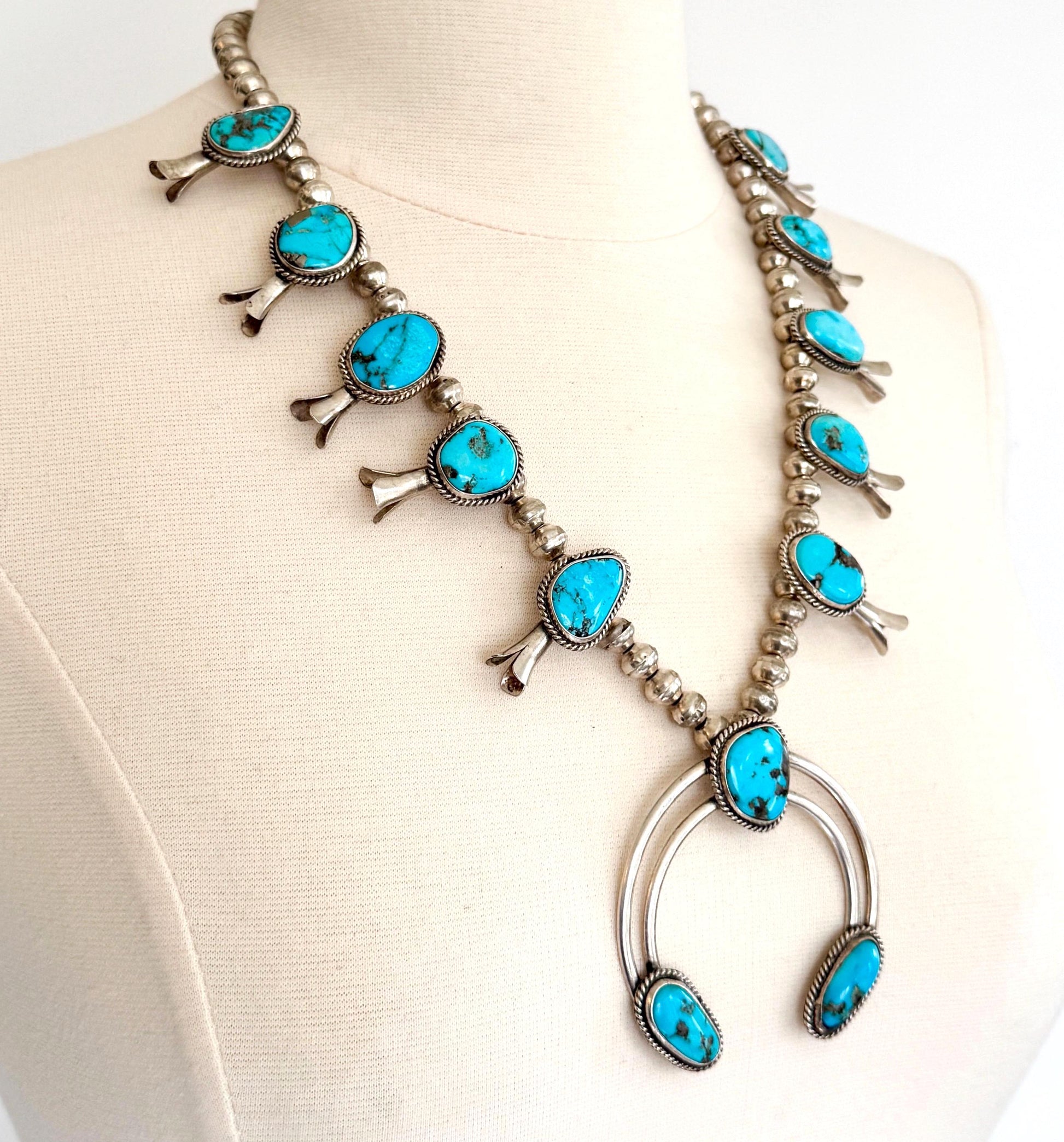 Vintage Western Turquoise Squash Blossom Necklace Native American Navajo Handmade Sterling Silver