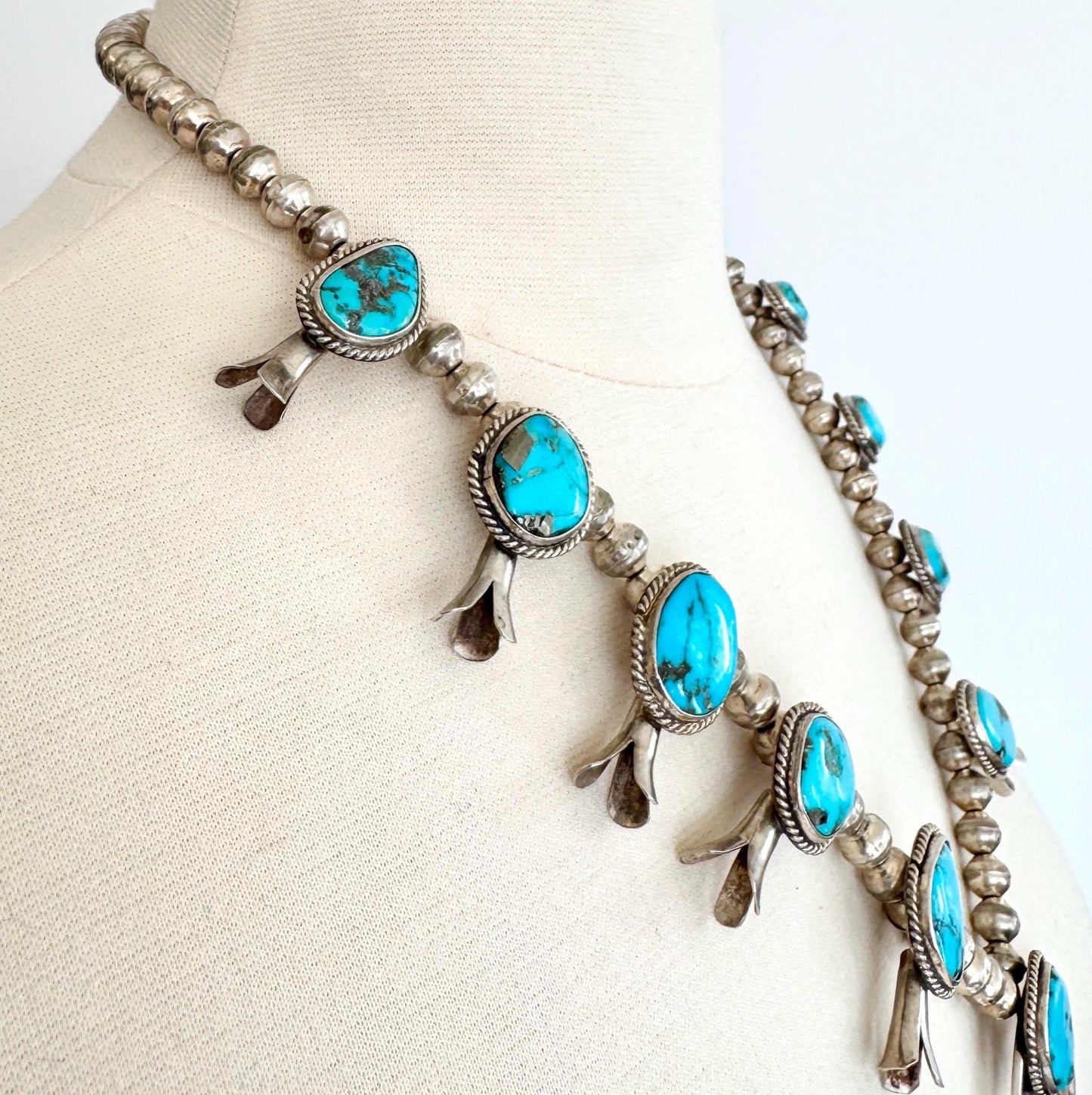 Vintage Western Turquoise Squash Blossom Necklace Native American Navajo Handmade Sterling Silver