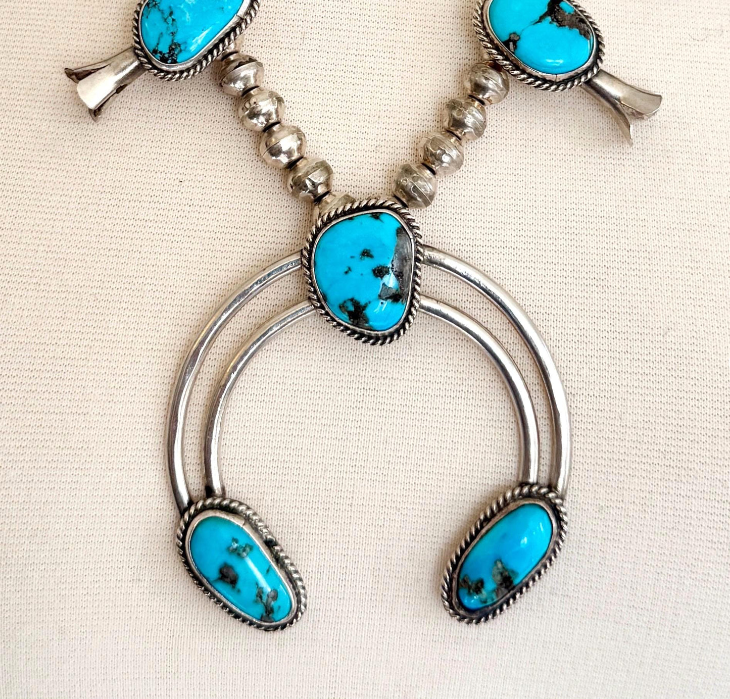 Vintage Western Turquoise Squash Blossom Necklace Native American Navajo Handmade Sterling Silver