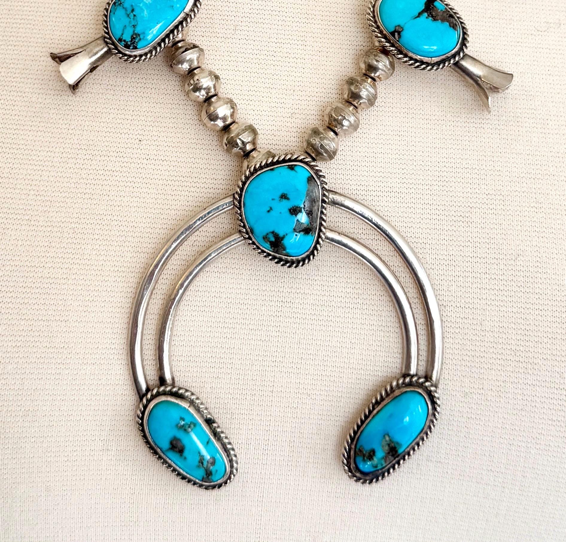 Vintage Western Turquoise Squash Blossom Necklace Native American Navajo Handmade Sterling Silver