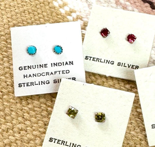 Tiny Vintage Sterling Silver Stud Earrings Turquoise Pink Citrine Amber