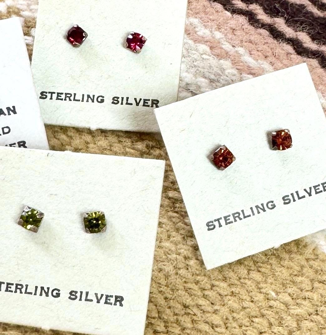 Tiny Vintage Sterling Silver Stud Earrings Turquoise Pink Citrine Amber