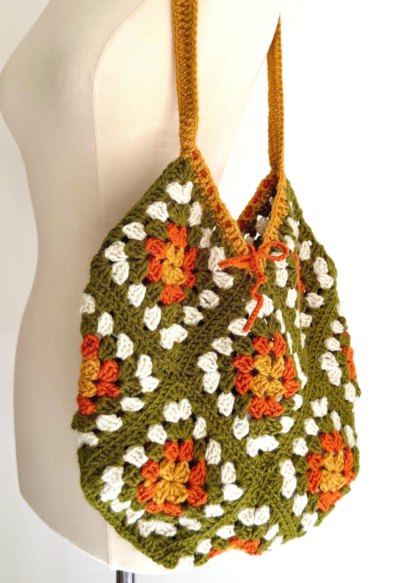Vintage Hand Crochet Drawstring Bag Olive Green White Orange