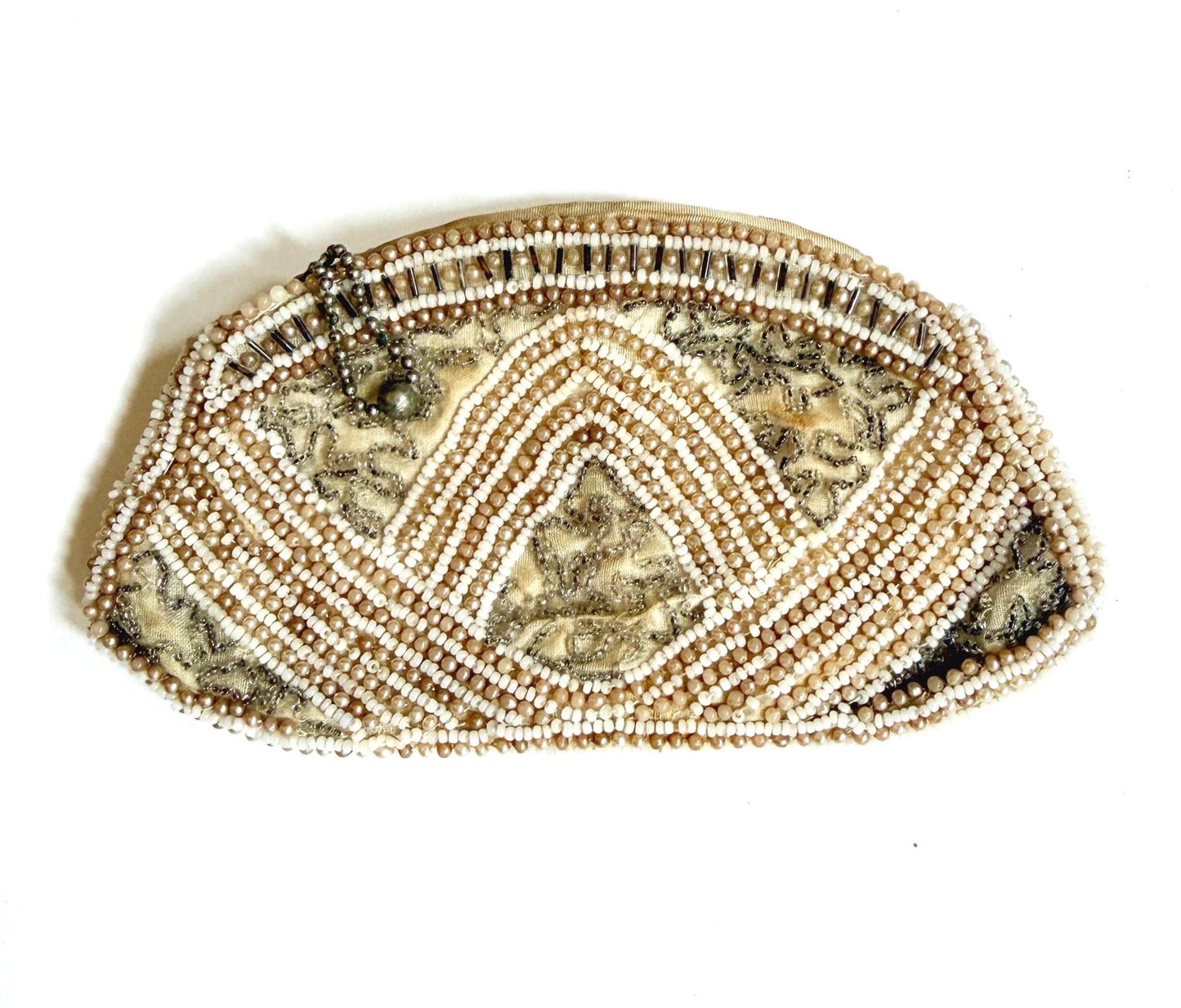 Antique Beaded Purse Faux Pearl Ivory Clear Beads