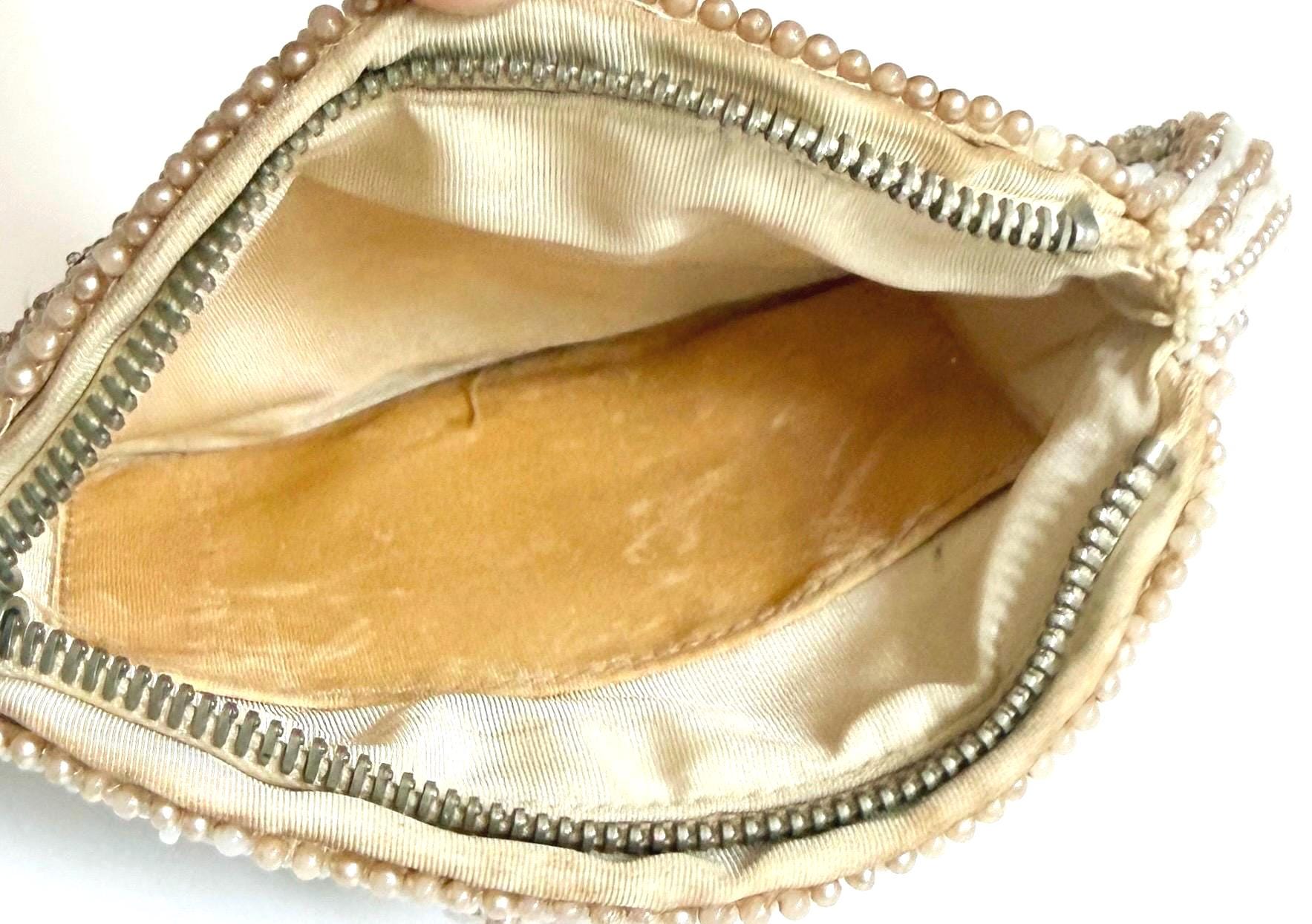 Antique Beaded Purse Faux Pearl Ivory Clear Beads