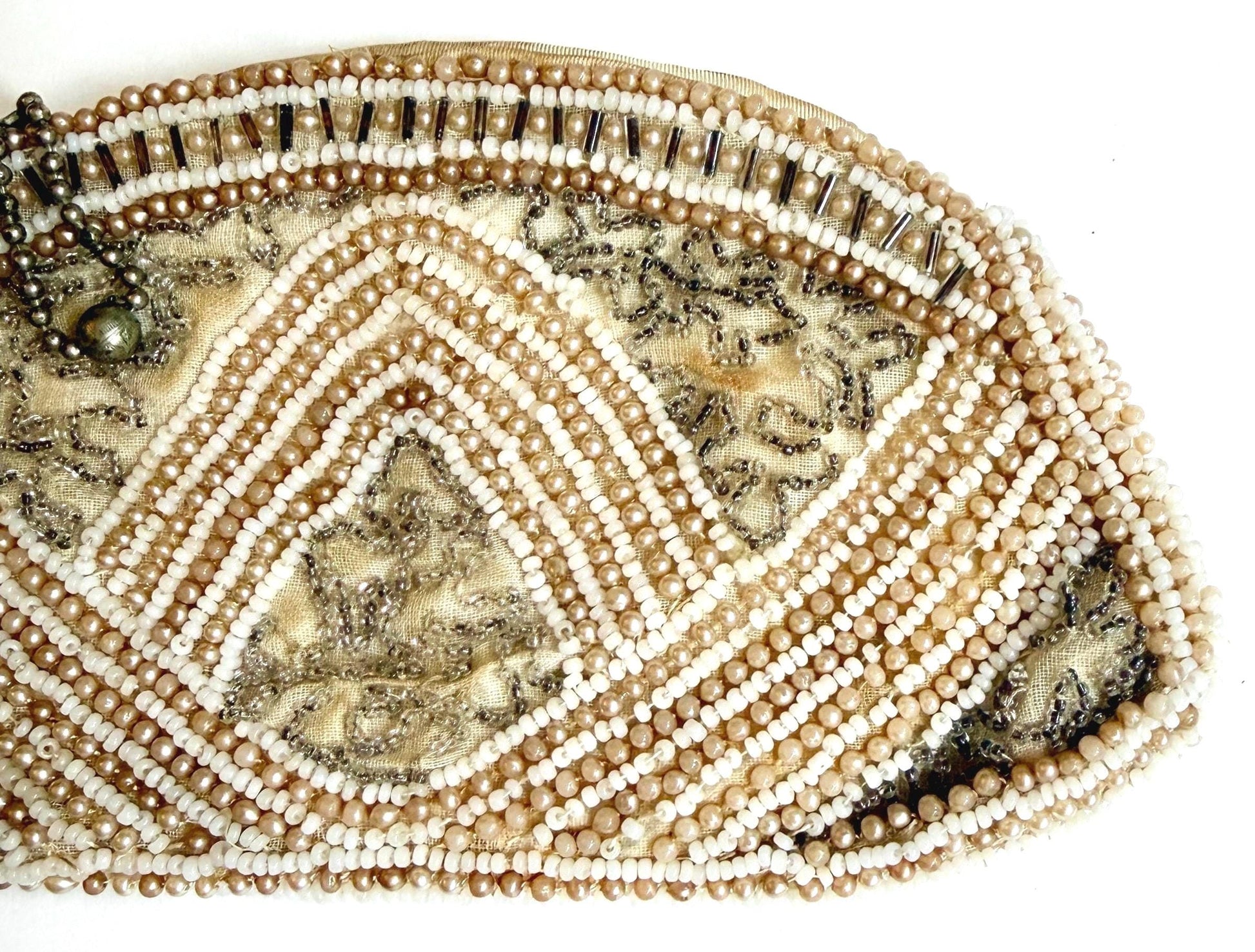 Antique Beaded Purse Faux Pearl Ivory Clear Beads