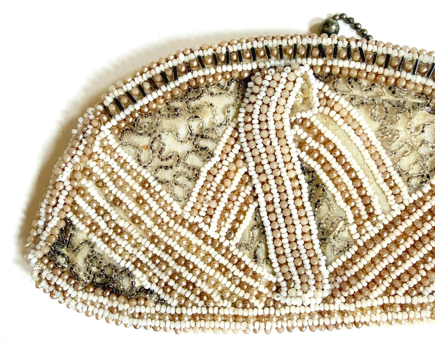 Antique Beaded Purse Faux Pearl Ivory Clear Beads