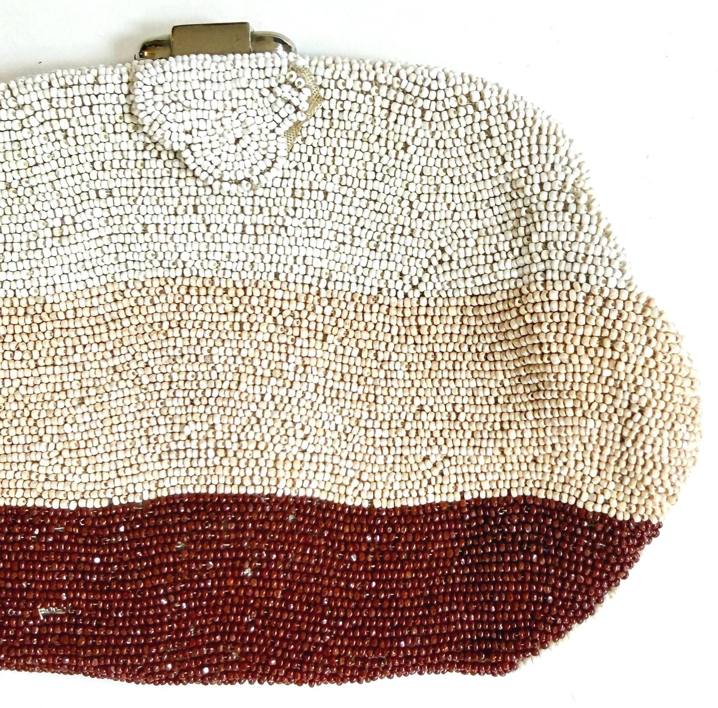 Vintage French Glass Bead Clutch Purse Bag Ivory Pearl Rust Stripe