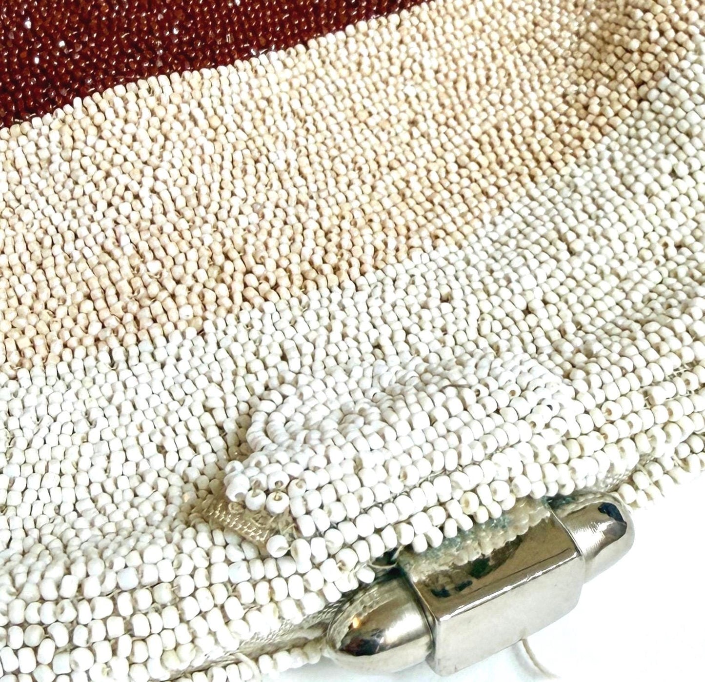 Vintage French Glass Bead Clutch Purse Bag Ivory Pearl Rust Stripe