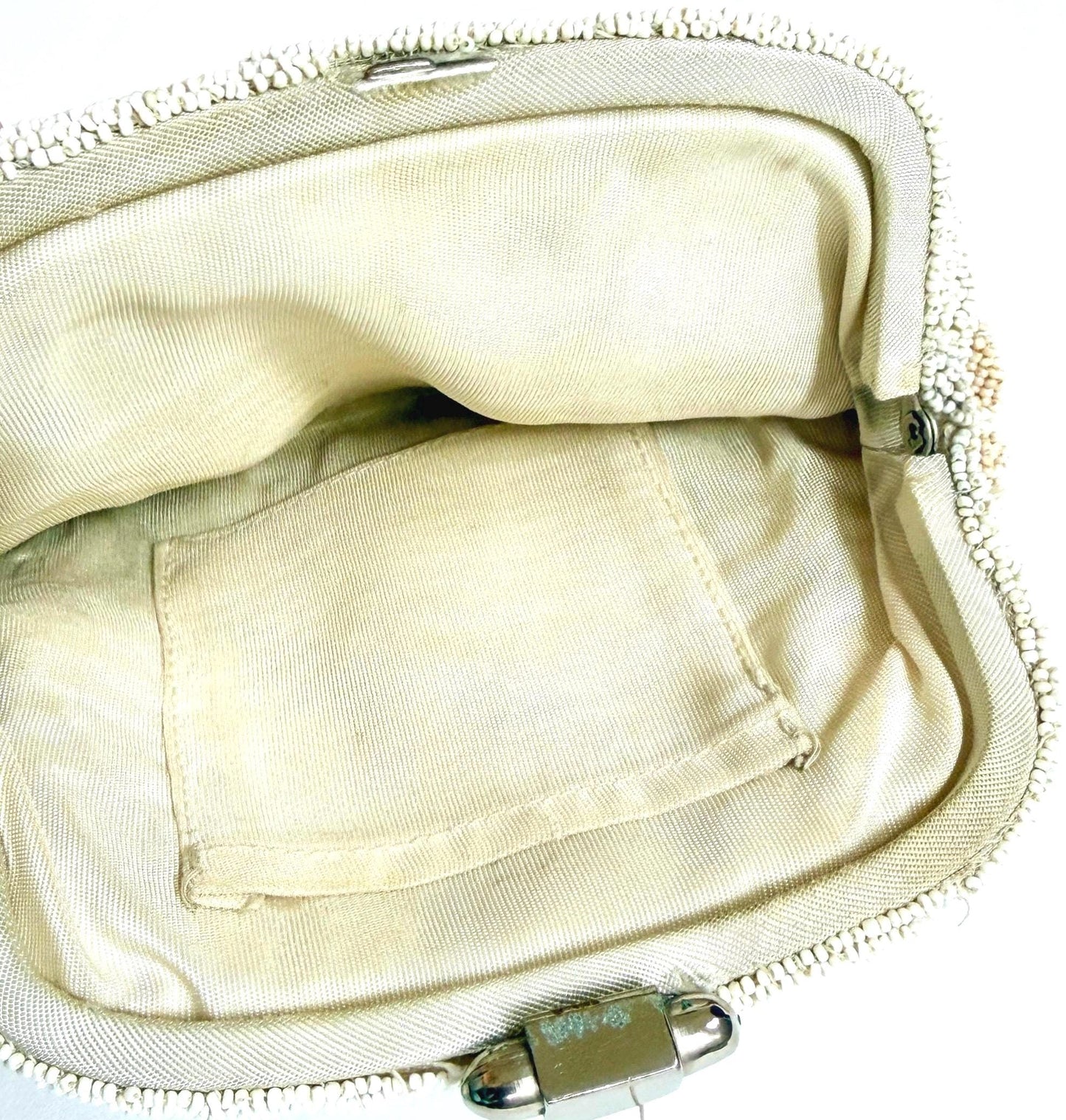 Vintage French Glass Bead Clutch Purse Bag Ivory Pearl Rust Stripe